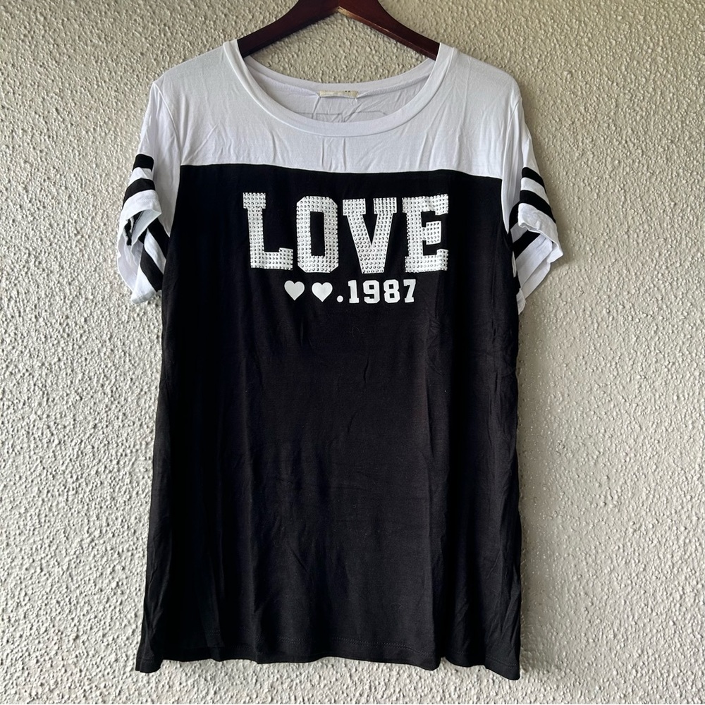 Occasion Black and white T-shirt with love on the front with  silver studs 3X